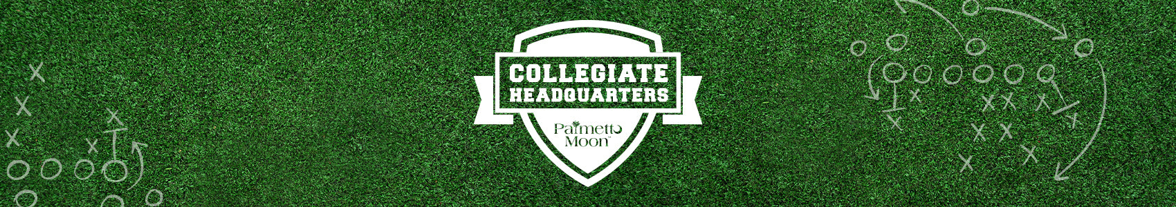 The Palmetto Moon Collegiate Headquarters logo over football field grass makes you want to gear up for gameday! Shop collegiate fan gear and apparel and rep your school spirit!
