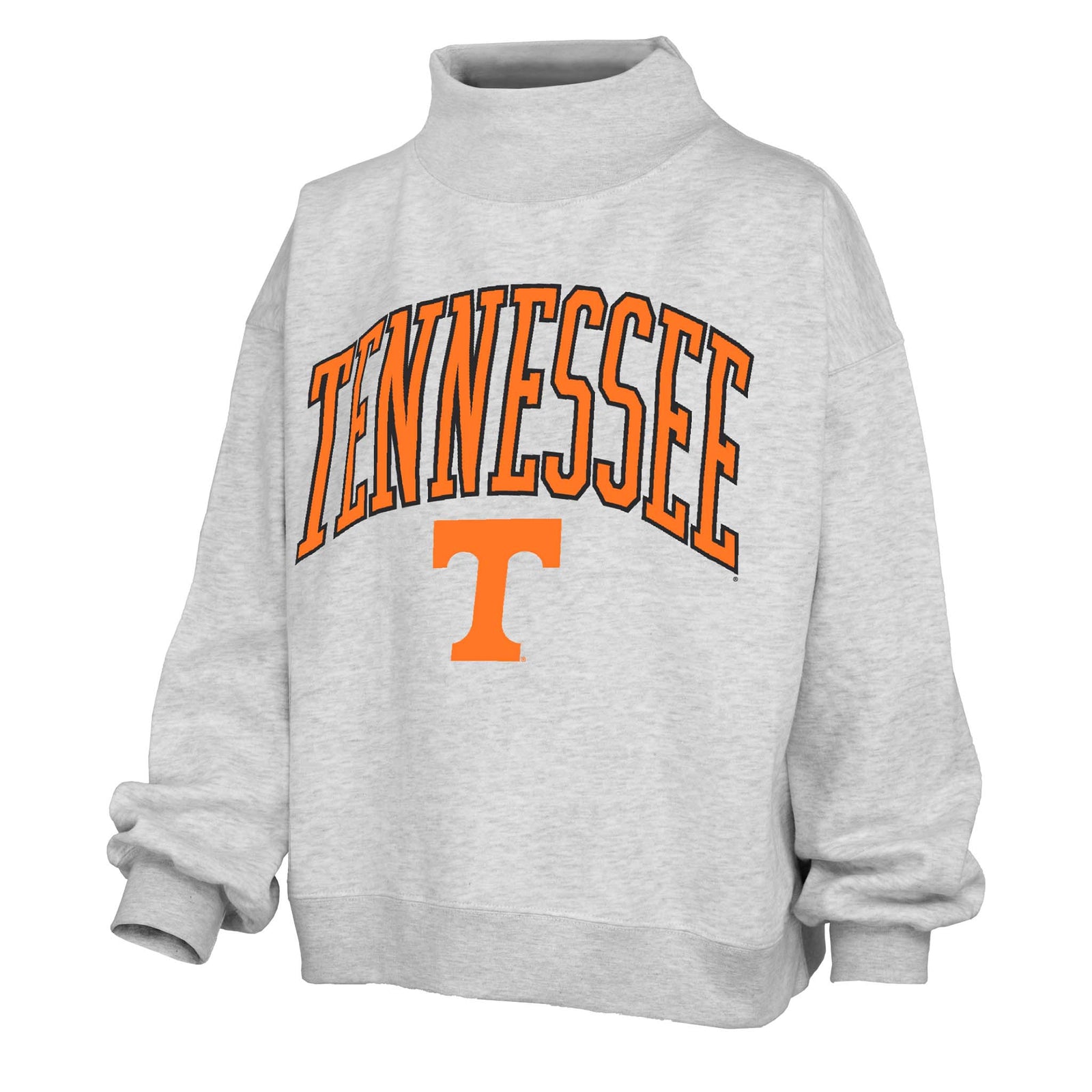 Light gray mock-neck sweatshirt with oversized orange “Tennessee” text and a large orange “T” logo on the front.