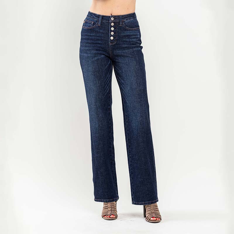 Button High Rise Straight Jeans