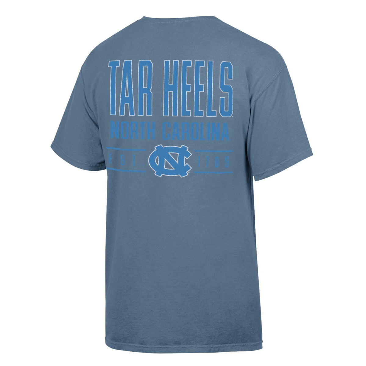 Back view of saltwater blue North Carolina Tar Heels t-shirt with bold “Tar Heels” lettering and interlocking NC logo.