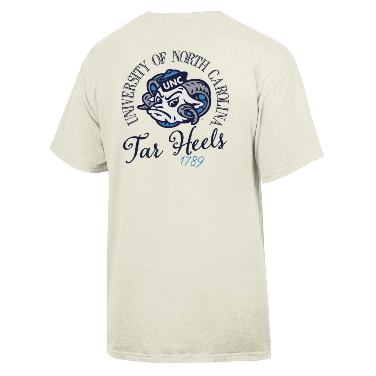 Back view of parchment North Carolina Tar Heels t-shirt with ram mascot and “University of North Carolina Tar Heels 1789” text.