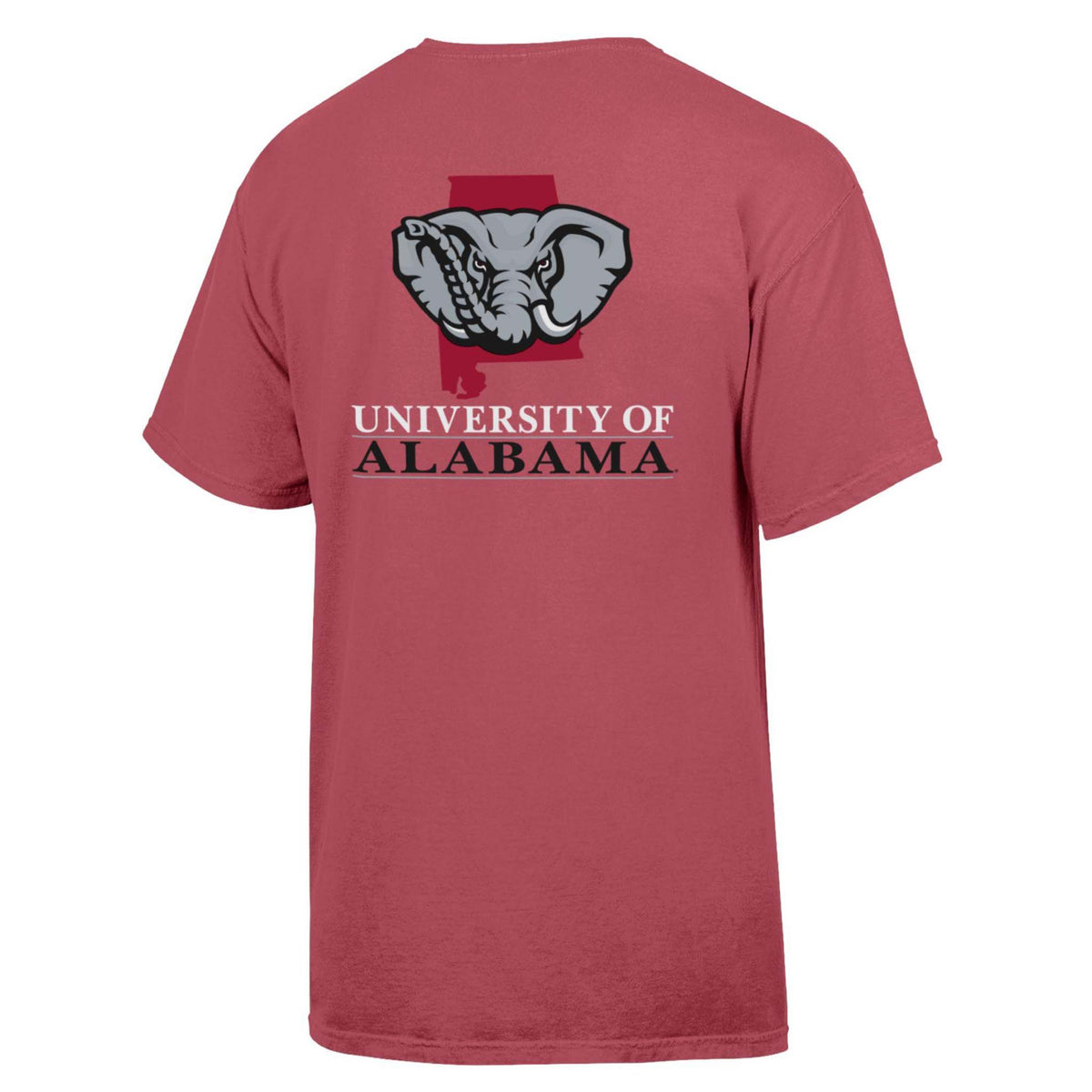 Back view of crimson red Alabama Crimson Tide t-shirt with elephant mascot and “University of Alabama” lettering.