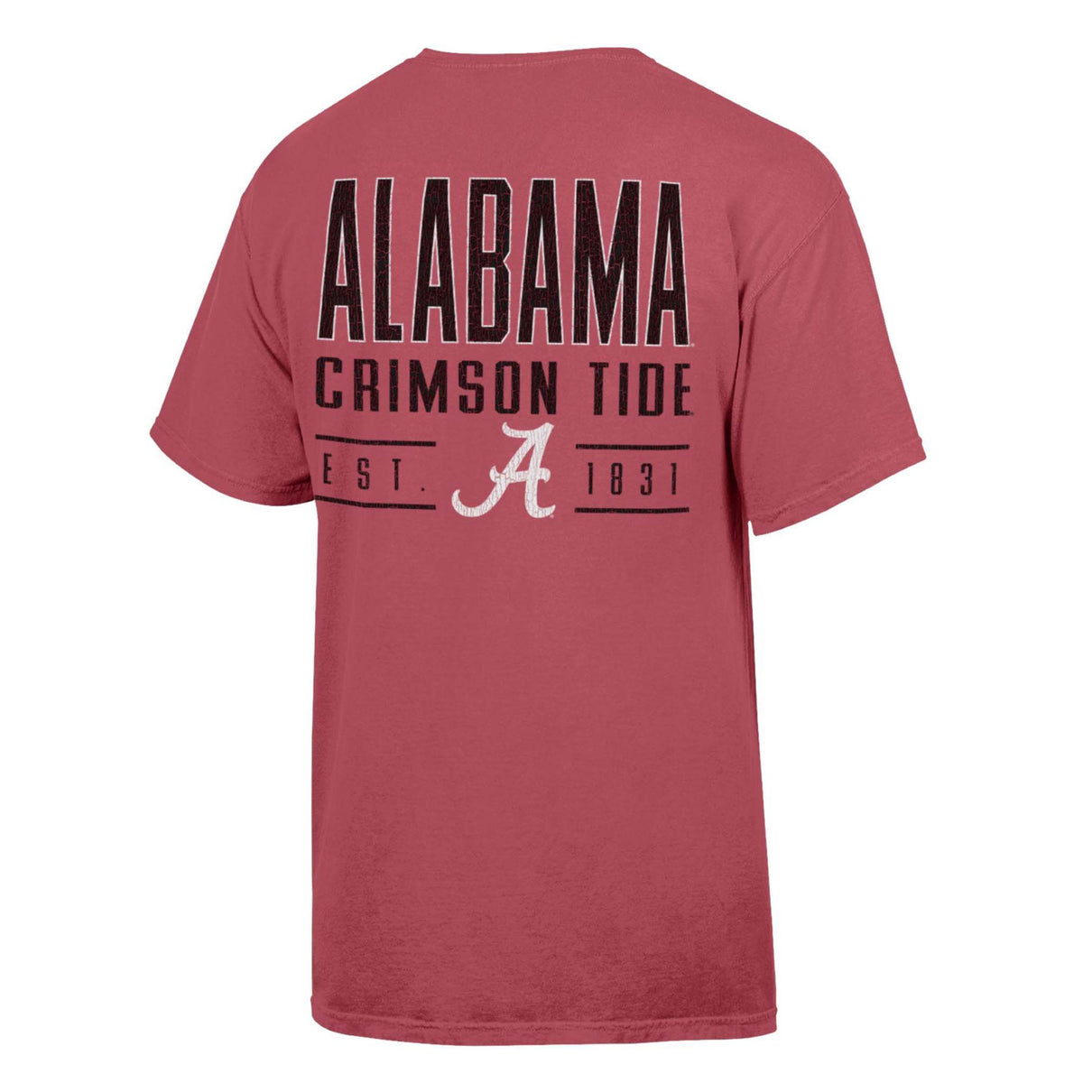 Back view of crimson red short sleeve Comfort Colors t-shirt with large “Alabama Crimson Tide” text, “A” logo, and “Est. 1831” design.