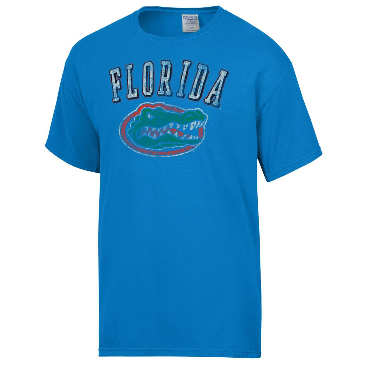 Florida Gators blue short sleeve t-shirt with large front chest distressed graphic featuring team name and mascot logo.