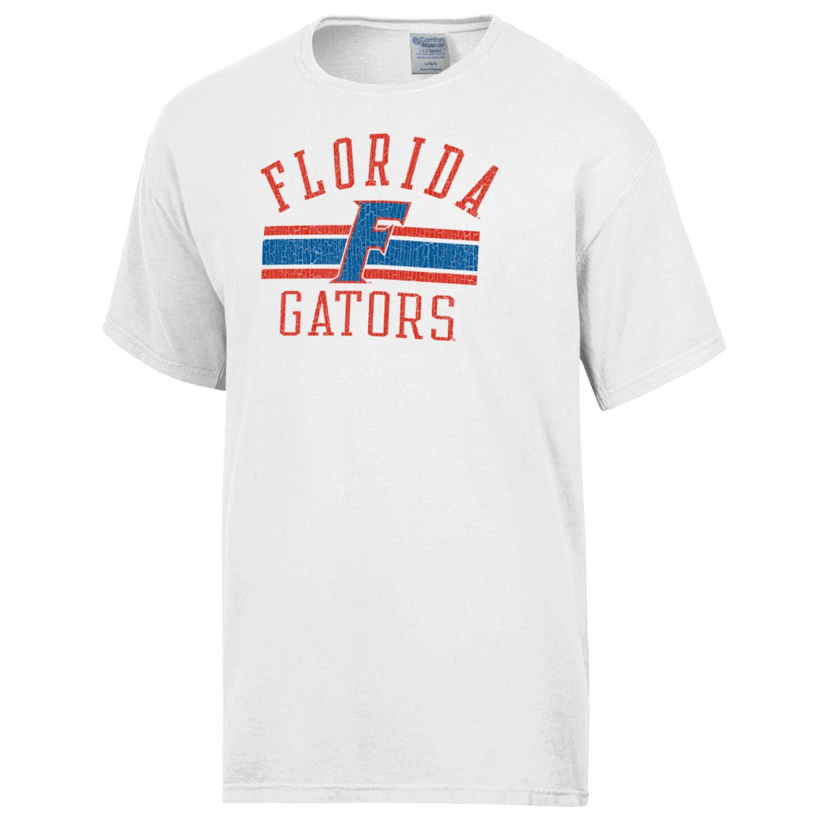 Front view of white Florida Gators t-shirt with bold, distressed orange “Florida Gators” text and blue block “F” logo across chest.