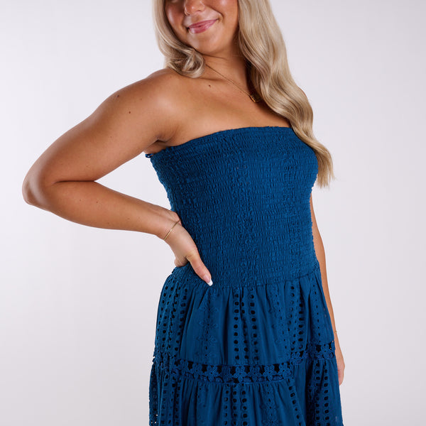 Shirred Schiffli Strapless Maxi Dress in Ocean Blue Shirred Schiffli Strapless Maxi Dress in Ocean Blue