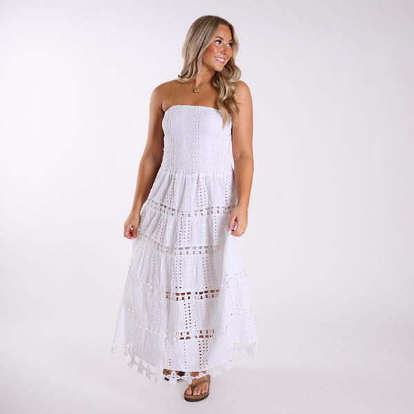 strapless maxi summer dresses Simply Southern Shirred Schiffli Strapless Maxi Dress in White strapless maxi summer dresses Simply Southern Shirred Schiffli Strapless Maxi Dress in White
