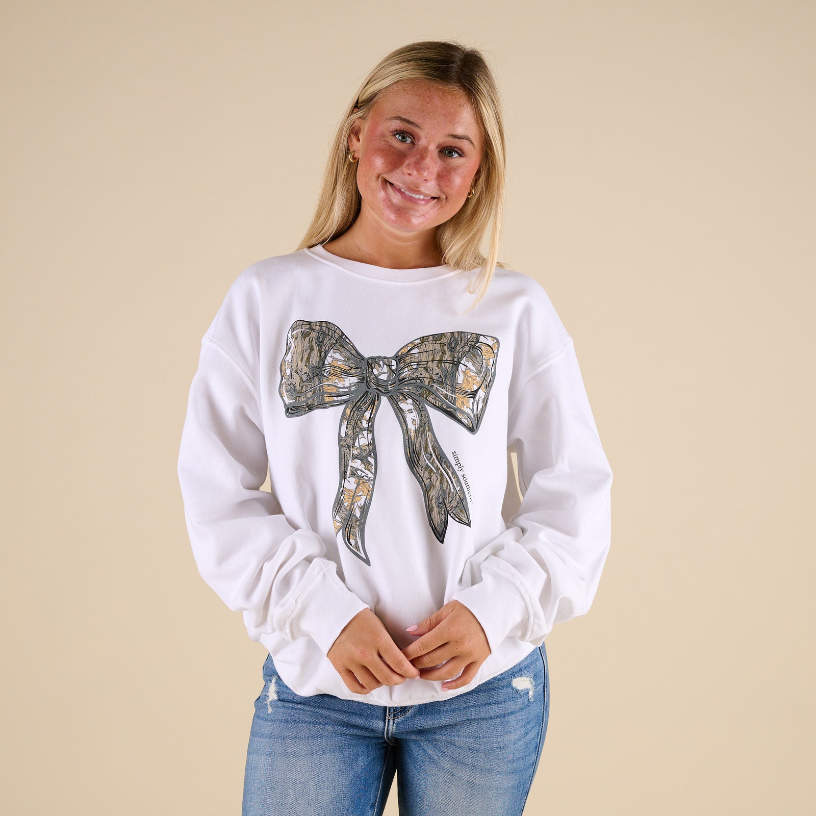 Simply Southern Camo Bow Crewneck Sweatshirt in White
