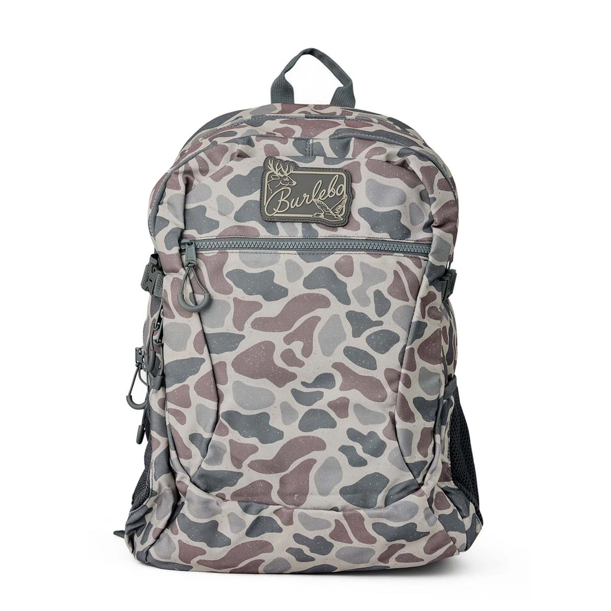 Camouflage-patterned backpack with a visible brand logo on a white background