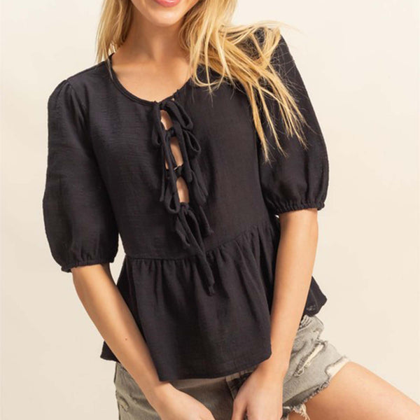 Double Zero Tie Front Babydoll Woven Short Sleeve Top | Palmetto Moon