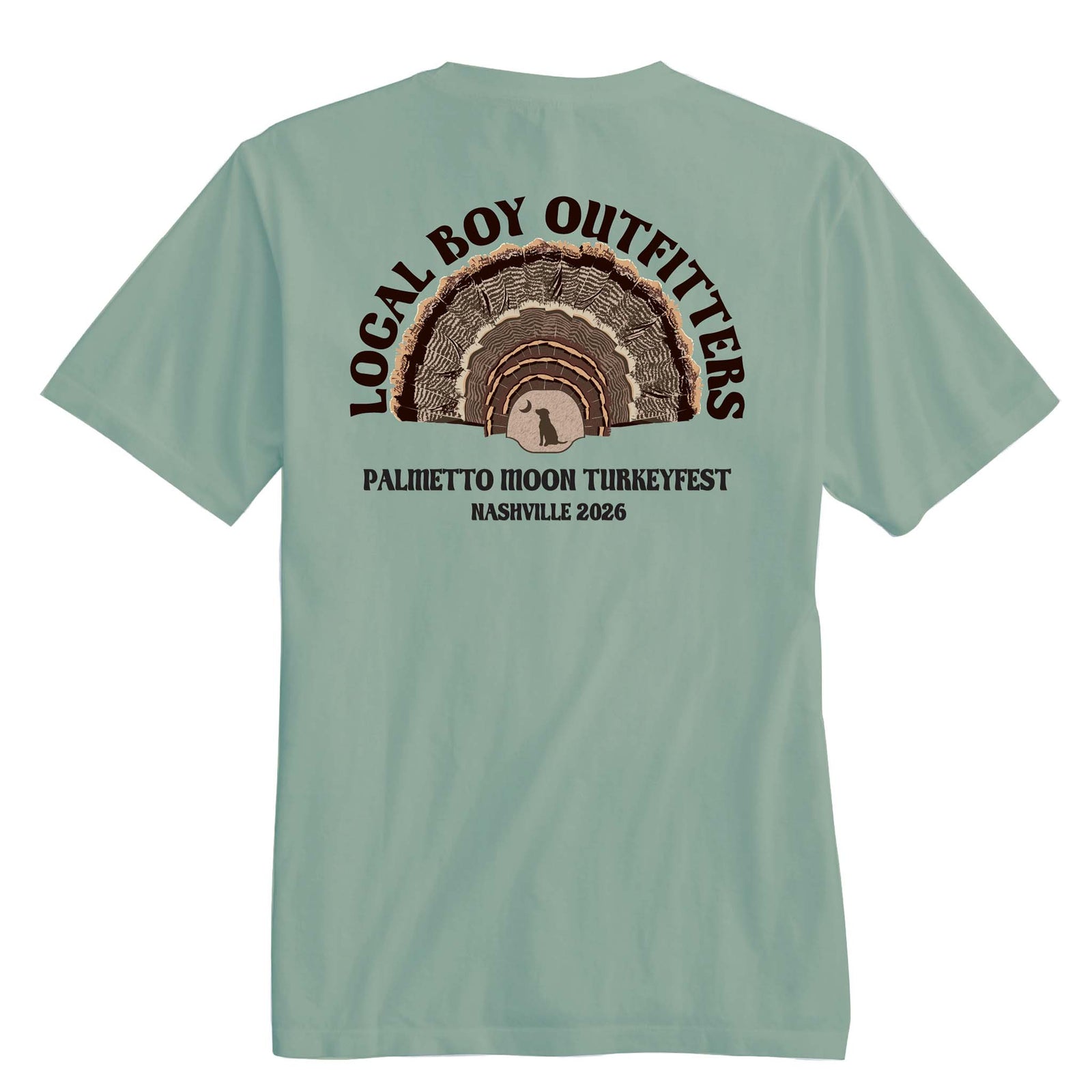 Light green t-shirt with turkey graphic and 'Local Boy Outfitters' text on the back