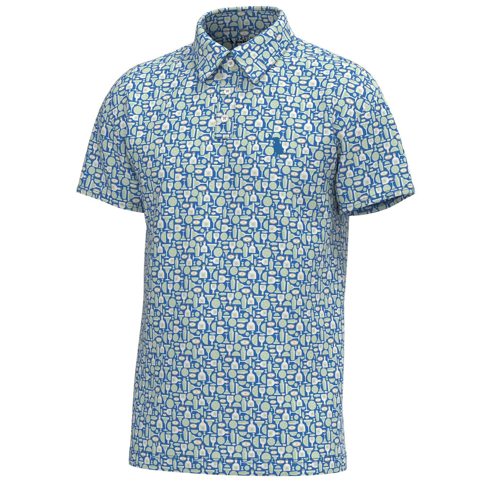 Blue patterned polo shirt on a white background