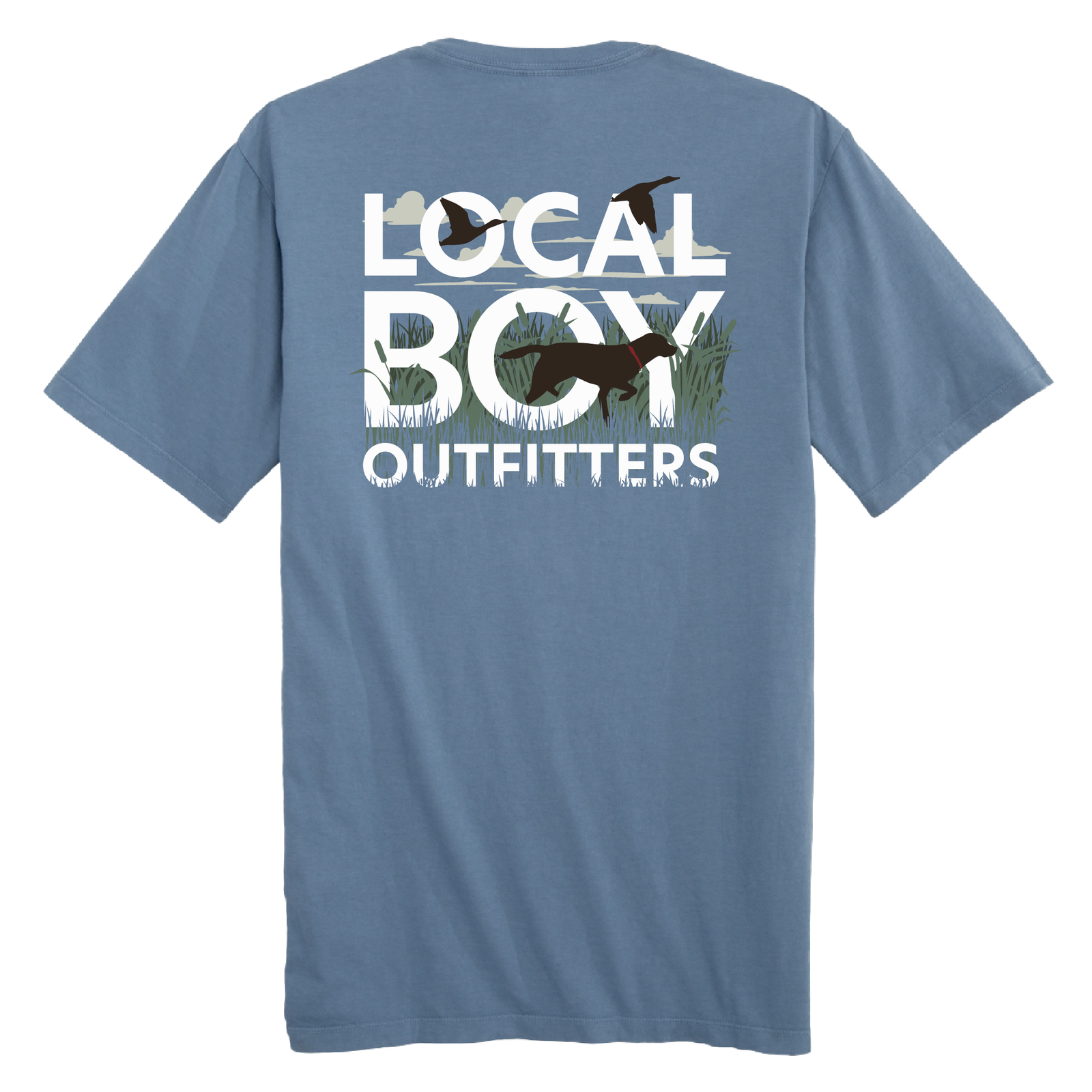 Local Boy Outfitters short sleeve t-shirt in slate blue featuring a large back graphic with ducks flying over marsh grass and the “Local Boy Outfitters” logo in bold white lettering.