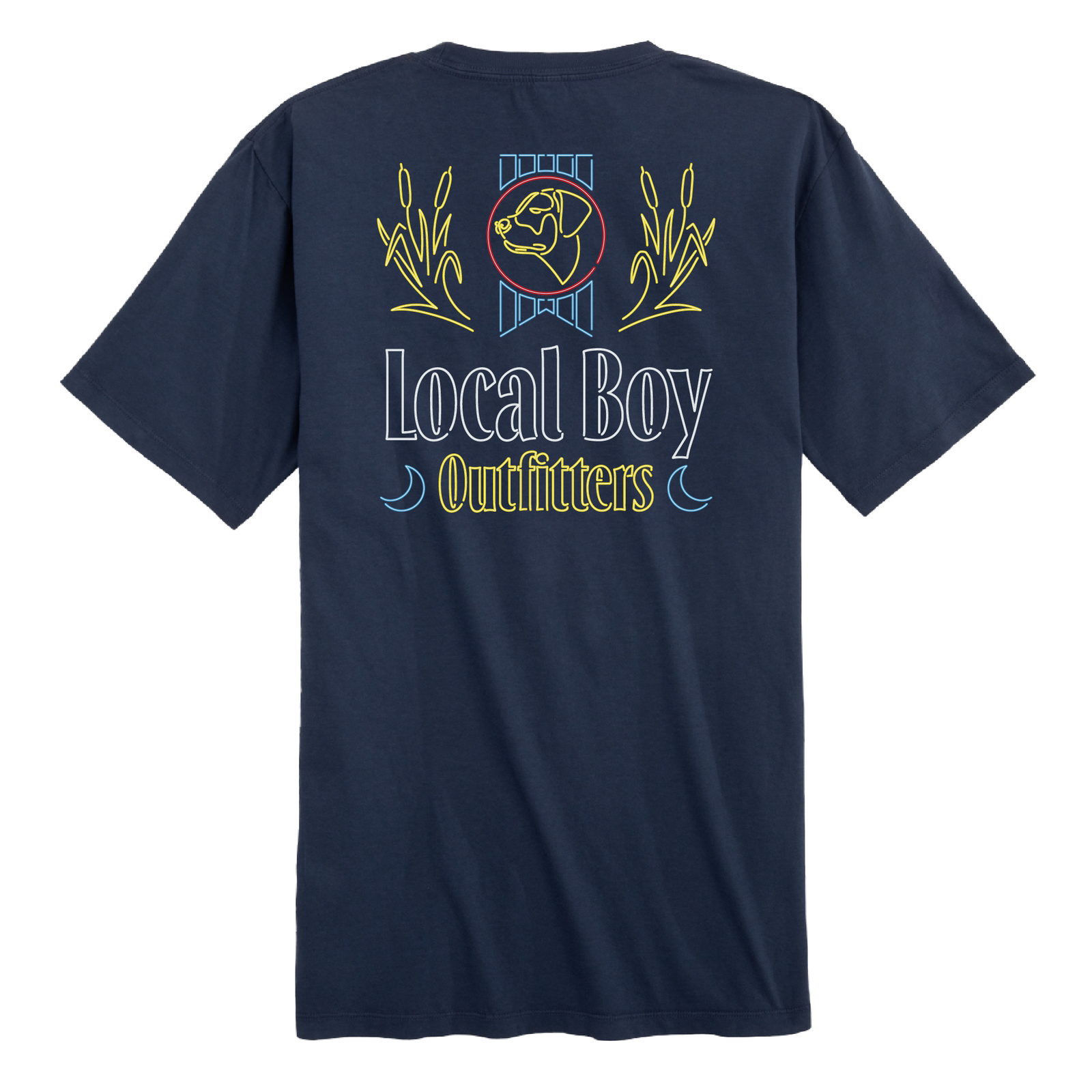 Local Boy Outfitters short sleeve t-shirt in classic navy featuring a large back graphic with a neon-style dog emblem, cattail accents, and “Local Boy Outfitters” text in bright yellow and blue.