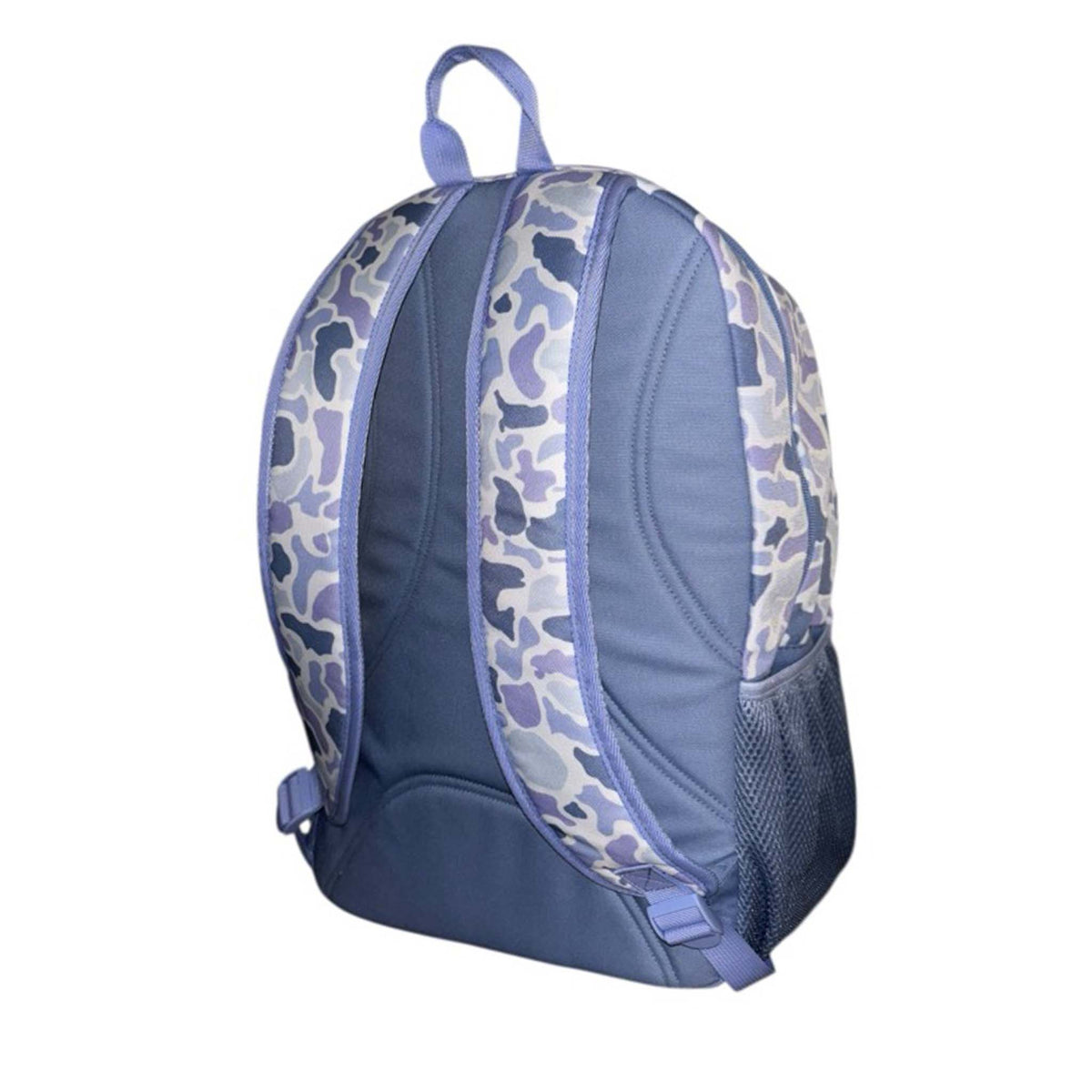 Back view of the hydrangea camo backpack with padded shoulder straps and reinforced back panel.
