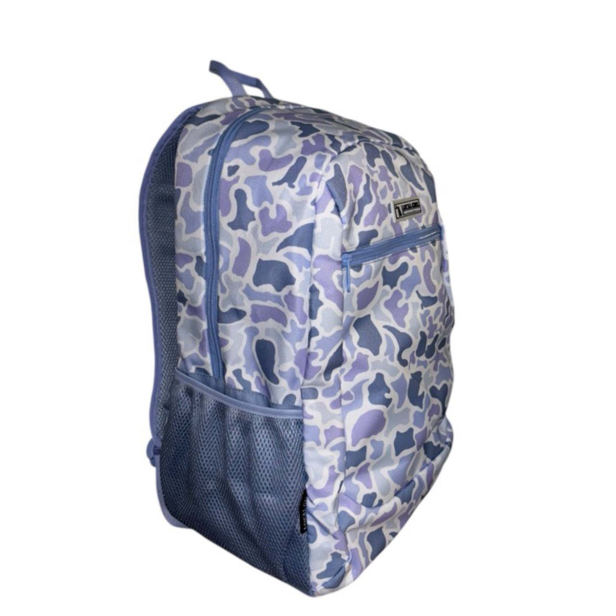 Side view of the Local Girl Outfitters backpack in light purple hydrangea camo with front zip pocket and mesh side pocket.