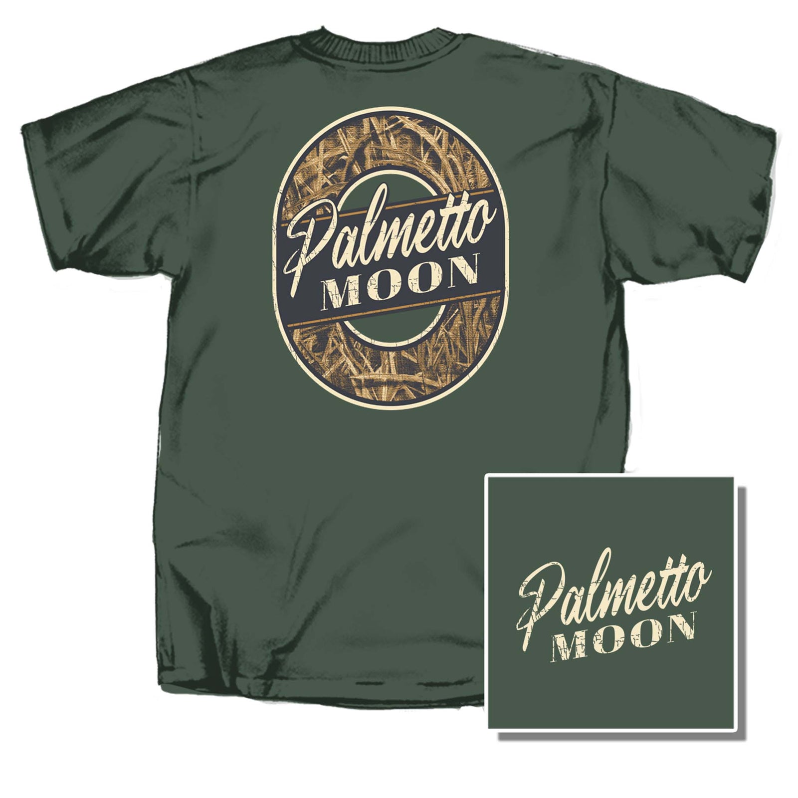 Military green Palmetto Moon t-shirt with oval logo featuring camo grass pattern and vintage cream lettering on back, small matching front logo.