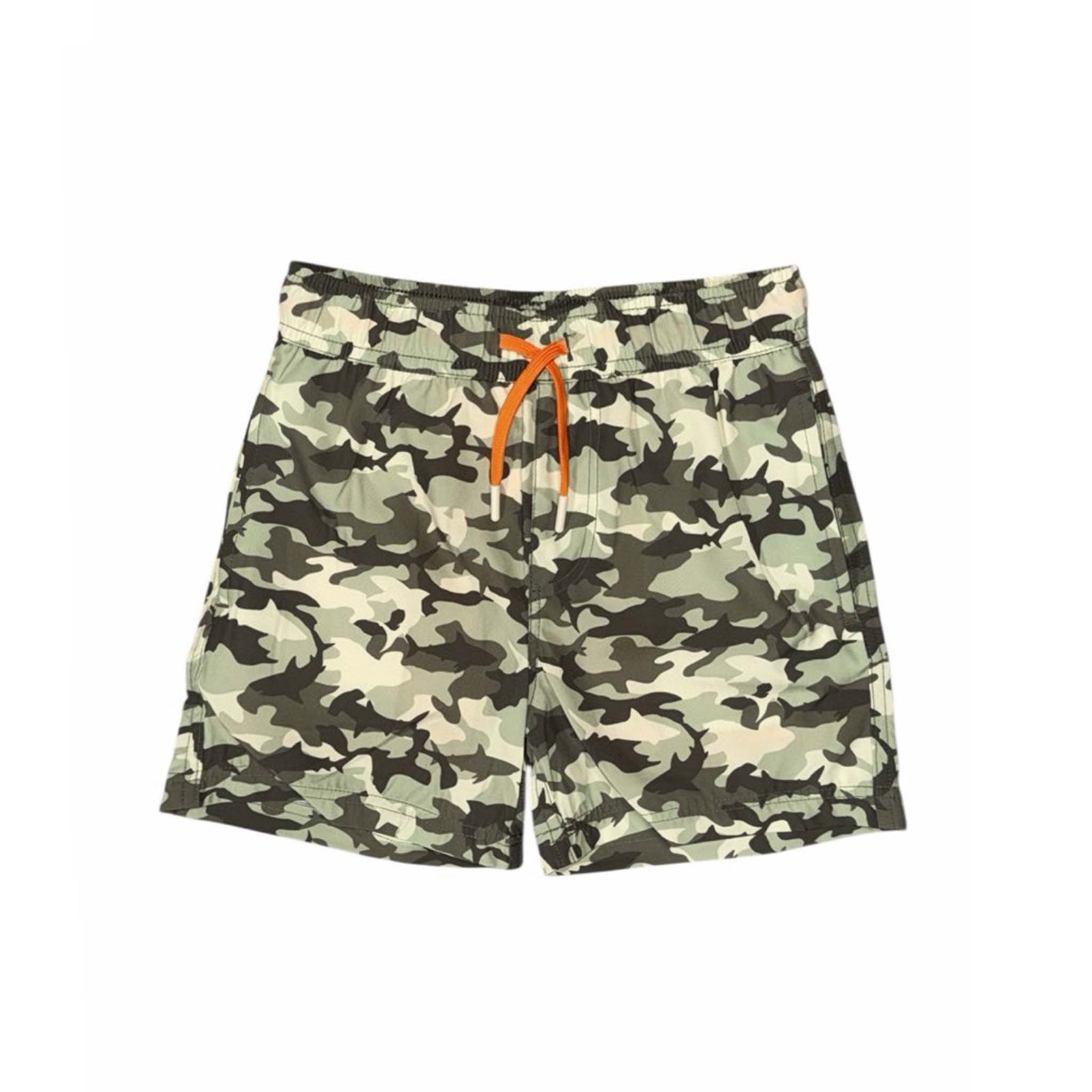 Green camo youth swim shorts with orange drawstring, front view showing elastic waistband and side pockets.