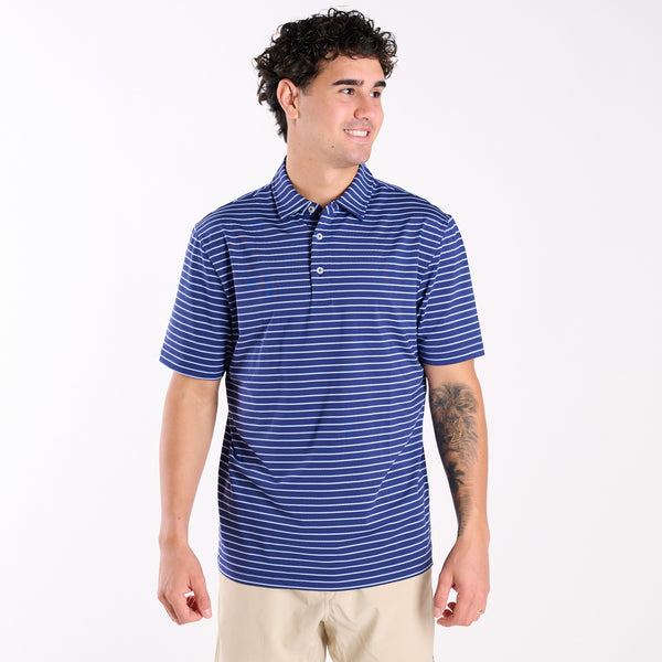 Simply Southern Men's Striped UPF Polo in Navy | Palmetto Moon