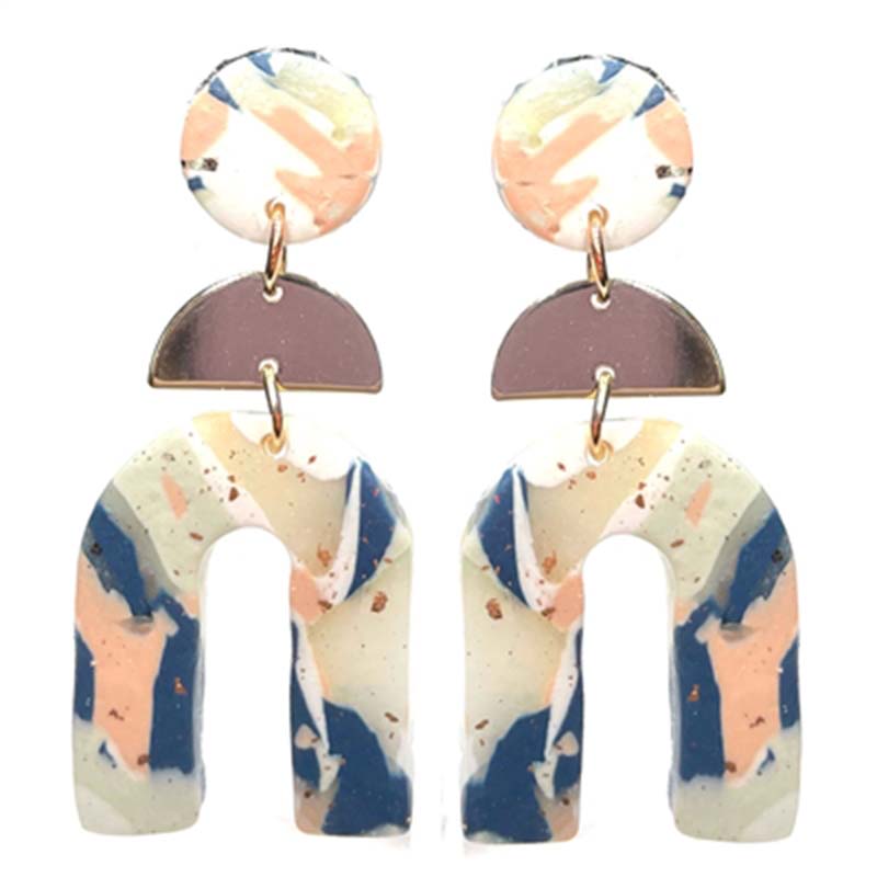 Blue and Pink Marble U Shaped Clay Earrings