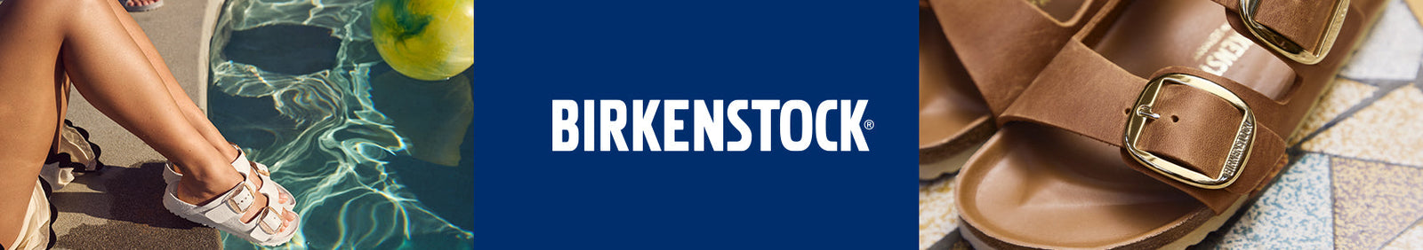 Left: A woman sits poolside wearing white Birkenstock sandals, her feet near the water. Center: Blue background with bold white "BIRKENSTOCK" logo. Right: Close-up of brown Birkenstock sandals with gold buckles on a tiled surface.