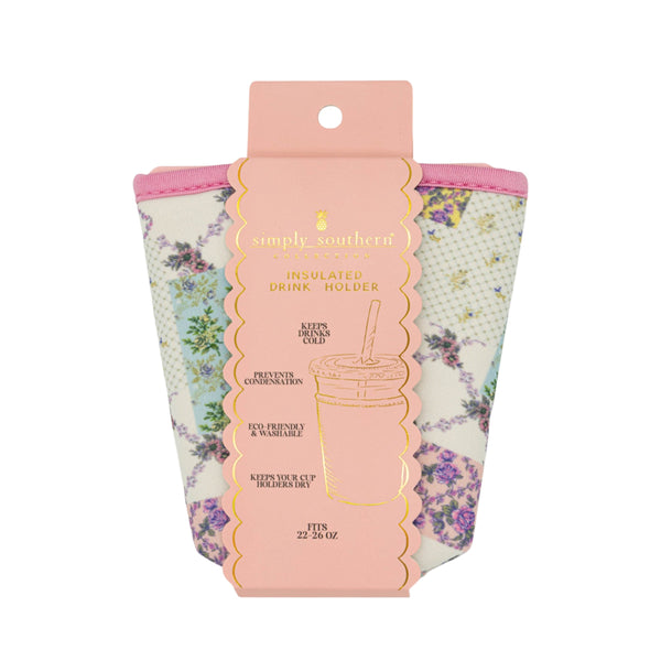 Floral insulated drink holder with pink packaging on a white background