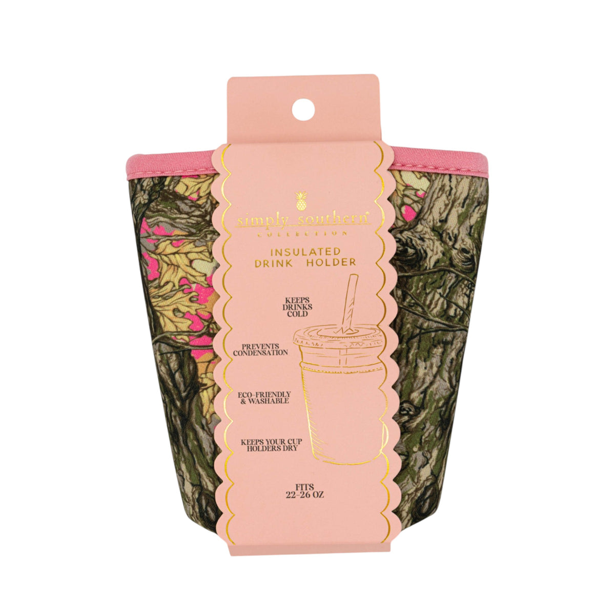 Camouflage drink holder with pink packaging on a white background