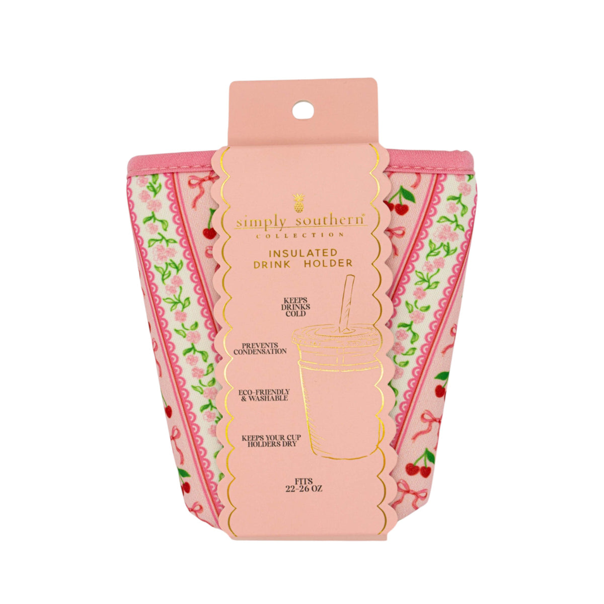 Pink insulated drink holder with floral design on a white background