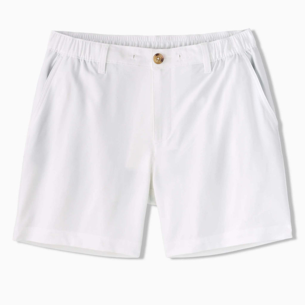 White shorts with a gold button on a white background