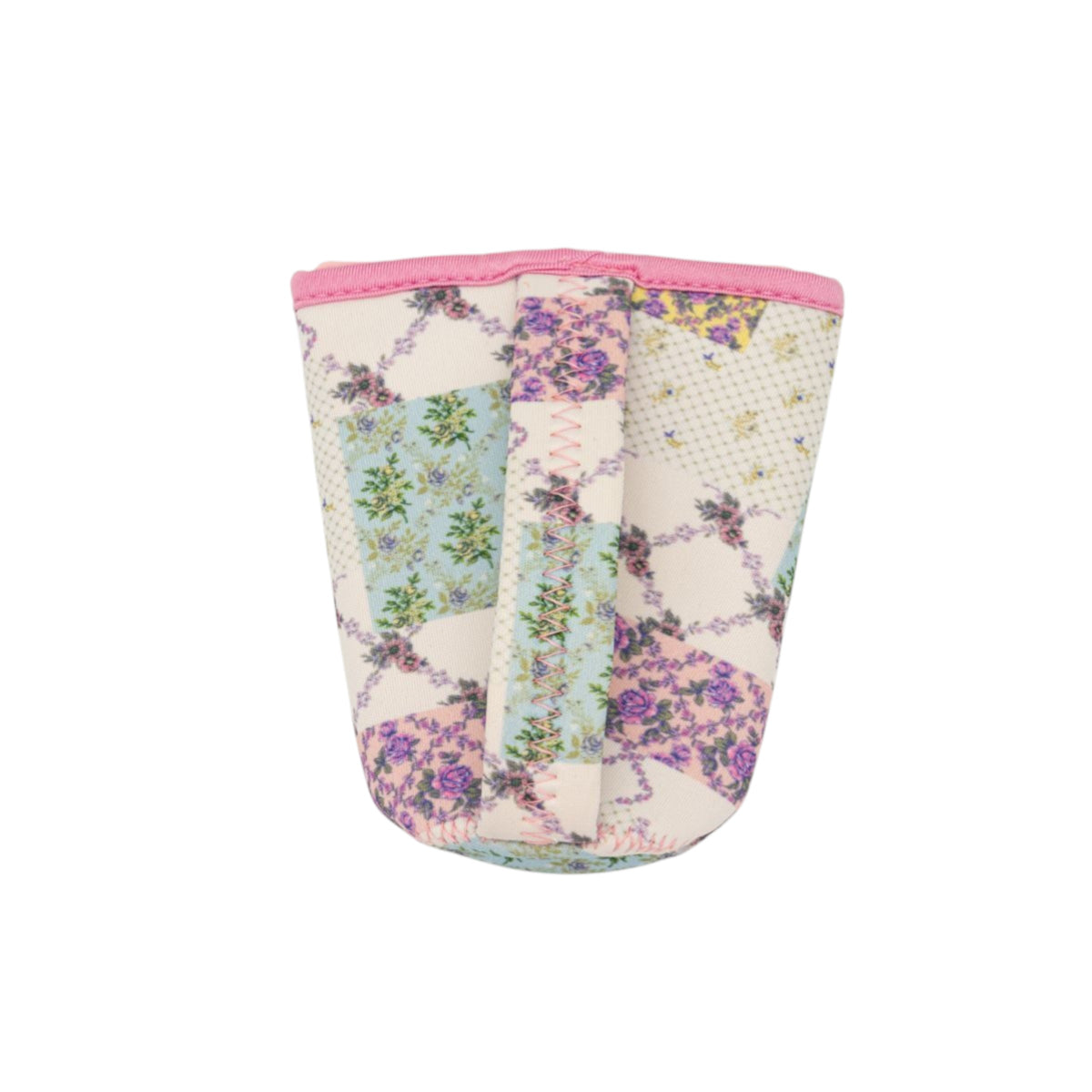 Floral-patterned drink sleeve with pink top on a white background