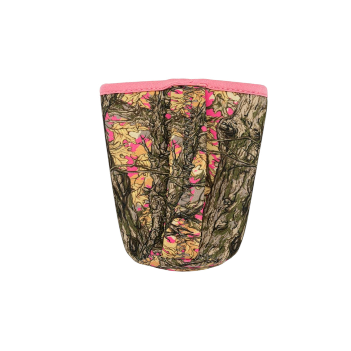 Camouflage-patterned drink sleeve with pink band on a white background