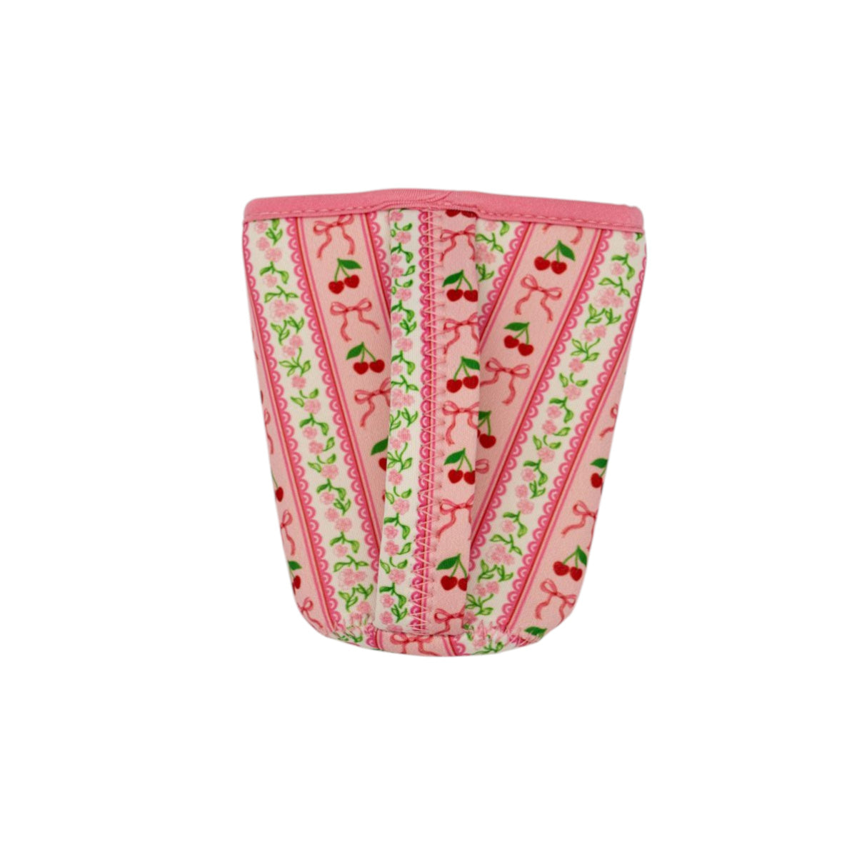 Pink fabric drink holder with cherry and bow pattern on a white background