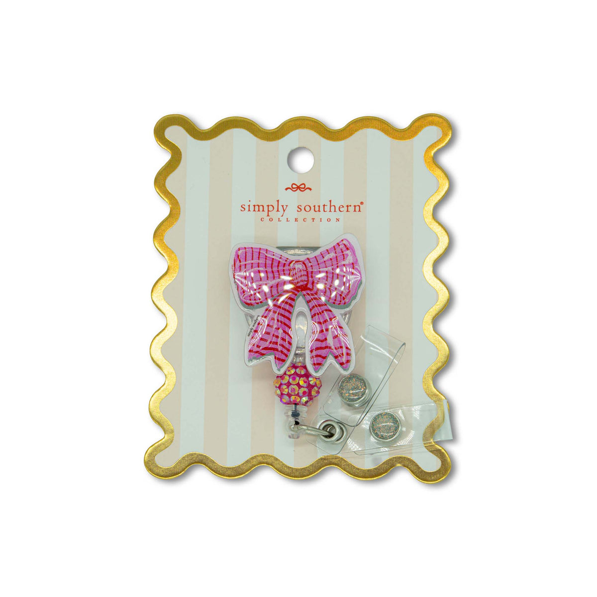 Bow | Pink striped bow badge reel on a 'Simply Southern' branded card with a gold border.