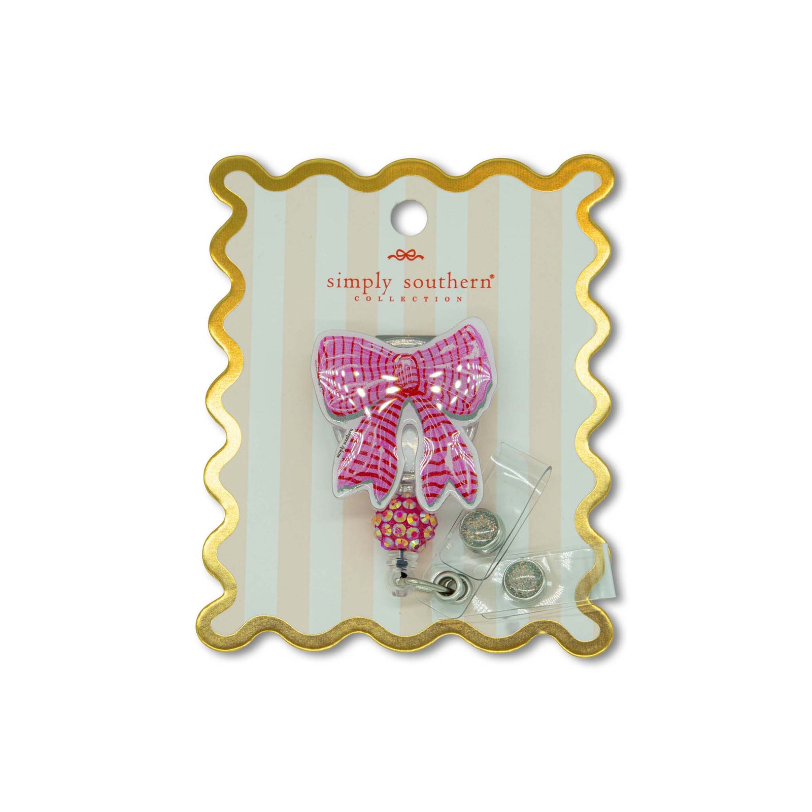 Bow | Pink striped bow badge reel on a 'Simply Southern' branded card with a gold border.