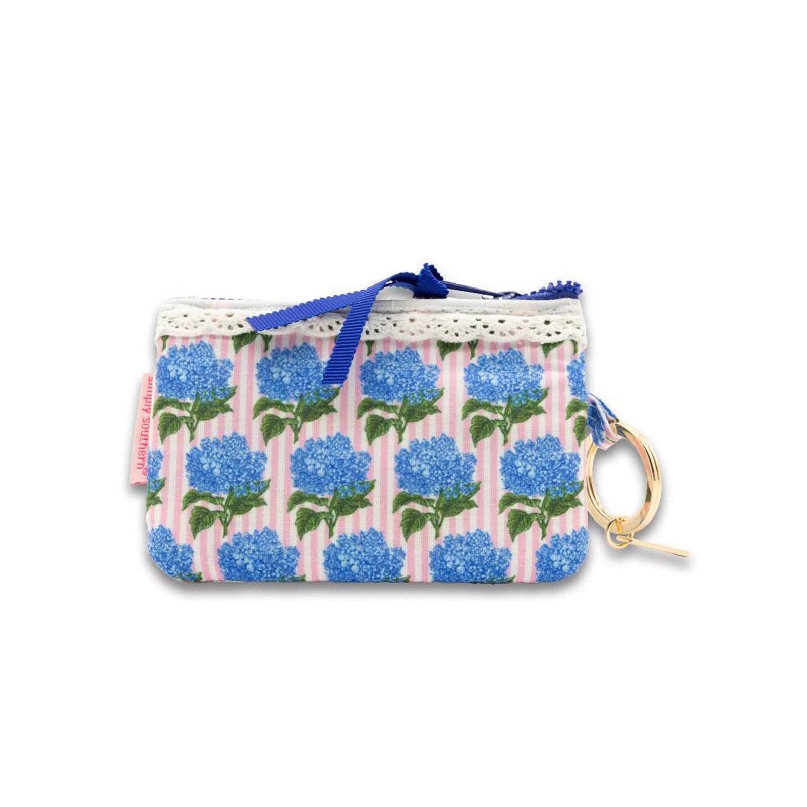 Small ID wallet pouch with blue floral pattern on a white background