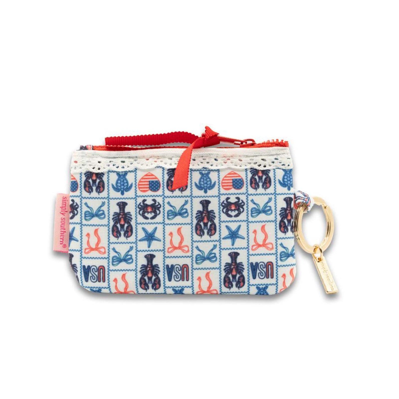 Coastal print lace trim ID zip pouch with lobster, crab, and starfish pattern, front view with red zipper and gold key ring attachment