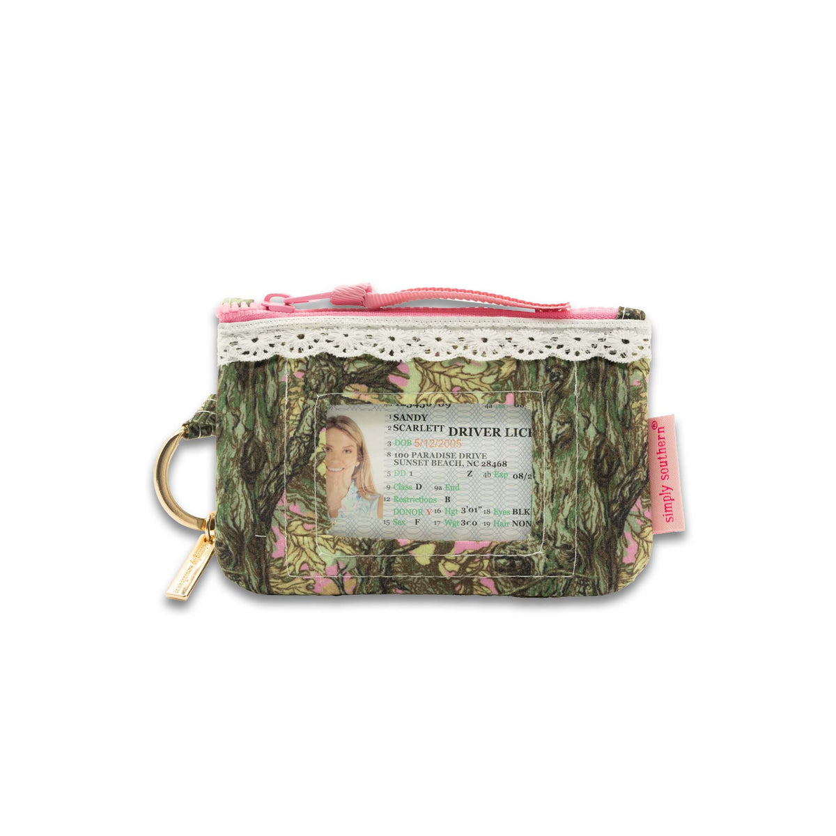 Pink camo lace trim ID zip pouch with camouflage print, back view showing clear ID window with card inside and gold key ring