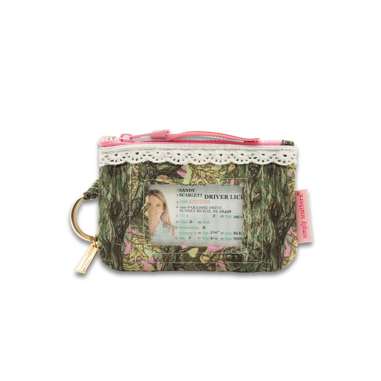 Pink camo lace trim ID zip pouch with camouflage print, back view showing clear ID window with card inside and gold key ring