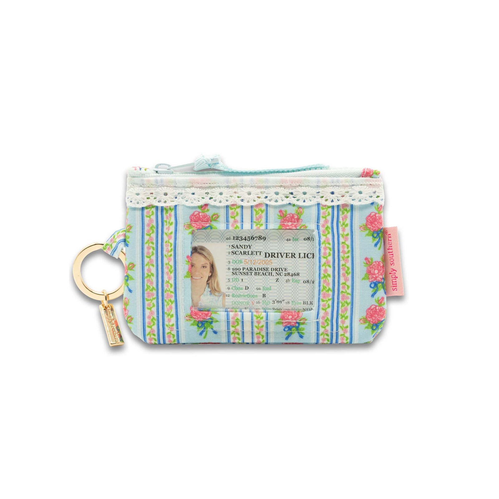 Blue striped floral lace trim ID zip pouch with rose print, back view showing clear ID window with card inside and gold key ring