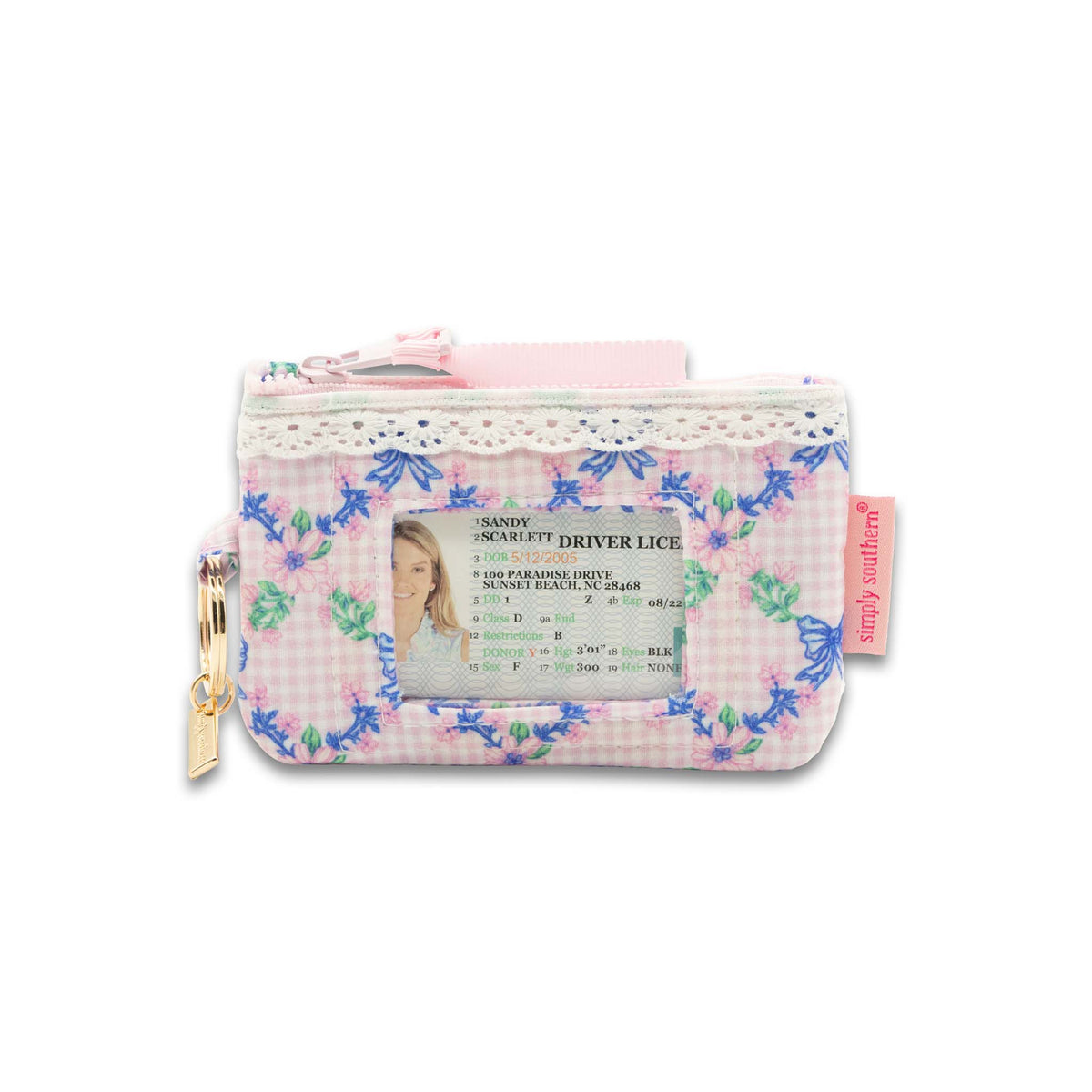 Pink gingham floral lace trim ID zip pouch with blue and pink floral print, back view showing clear ID window with card inside and gold key ring