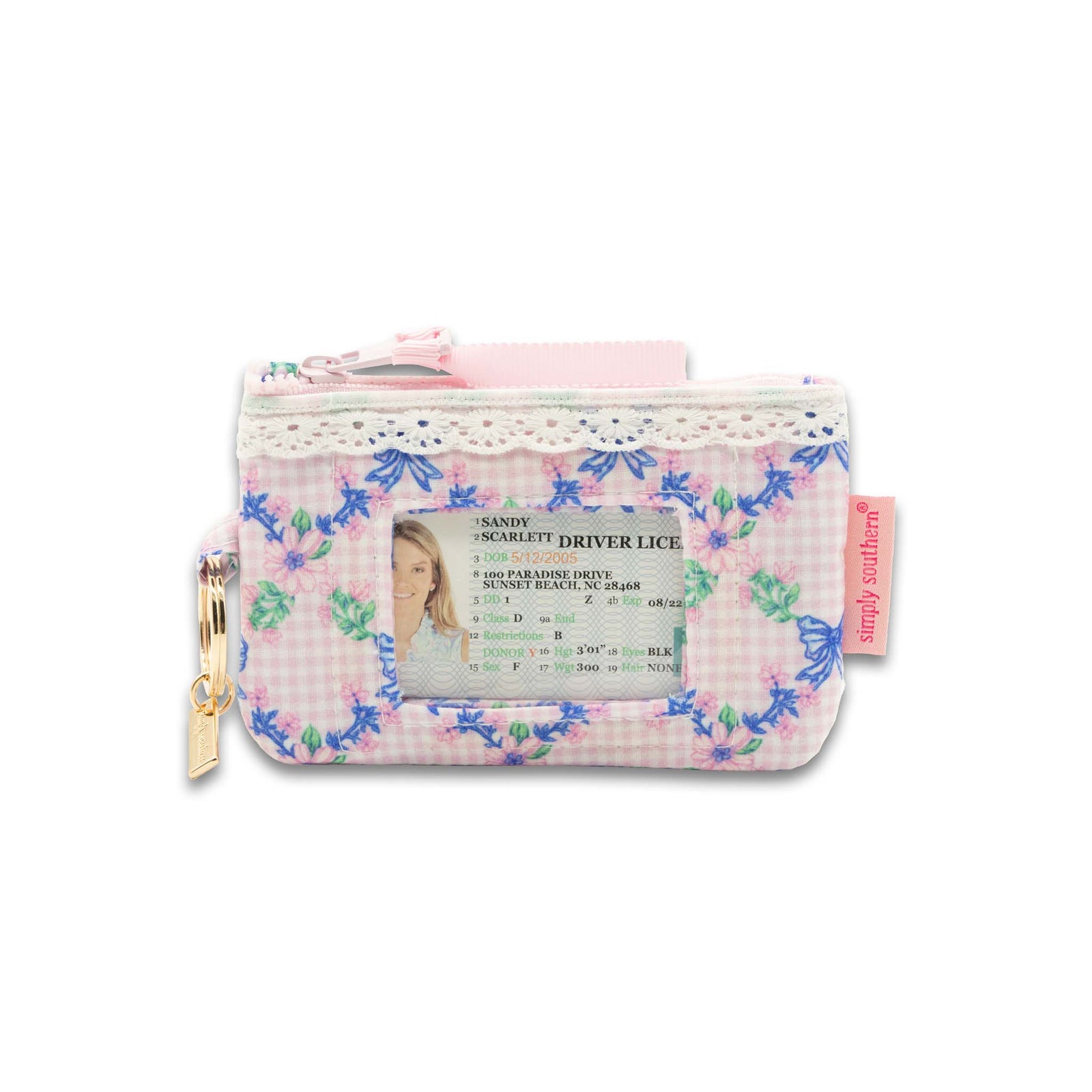 Pink gingham floral lace trim ID zip pouch with blue and pink floral print, back view showing clear ID window with card inside and gold key ring