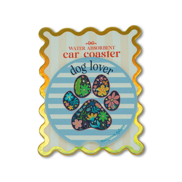 Simply Southern Dog Lover Single Car Coaster in blue and white stripe and floral paw print