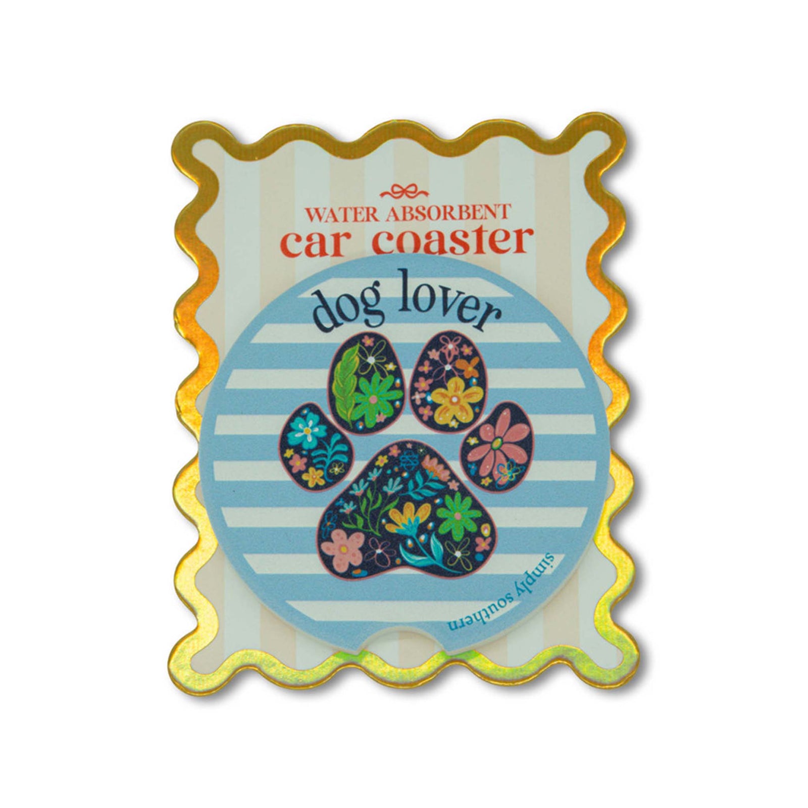 Simply Southern Dog Lover Single Car Coaster in blue and white stripe and floral paw print