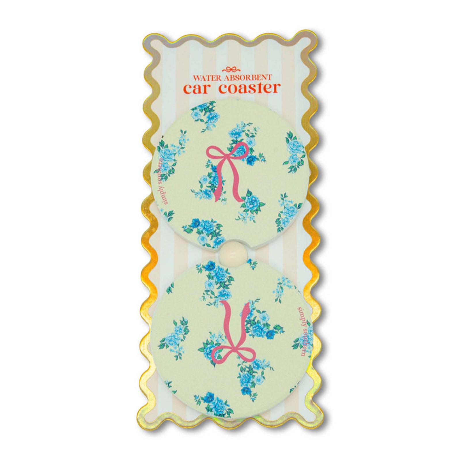 2 pack of Floral car coaster with a pink bow on a white background