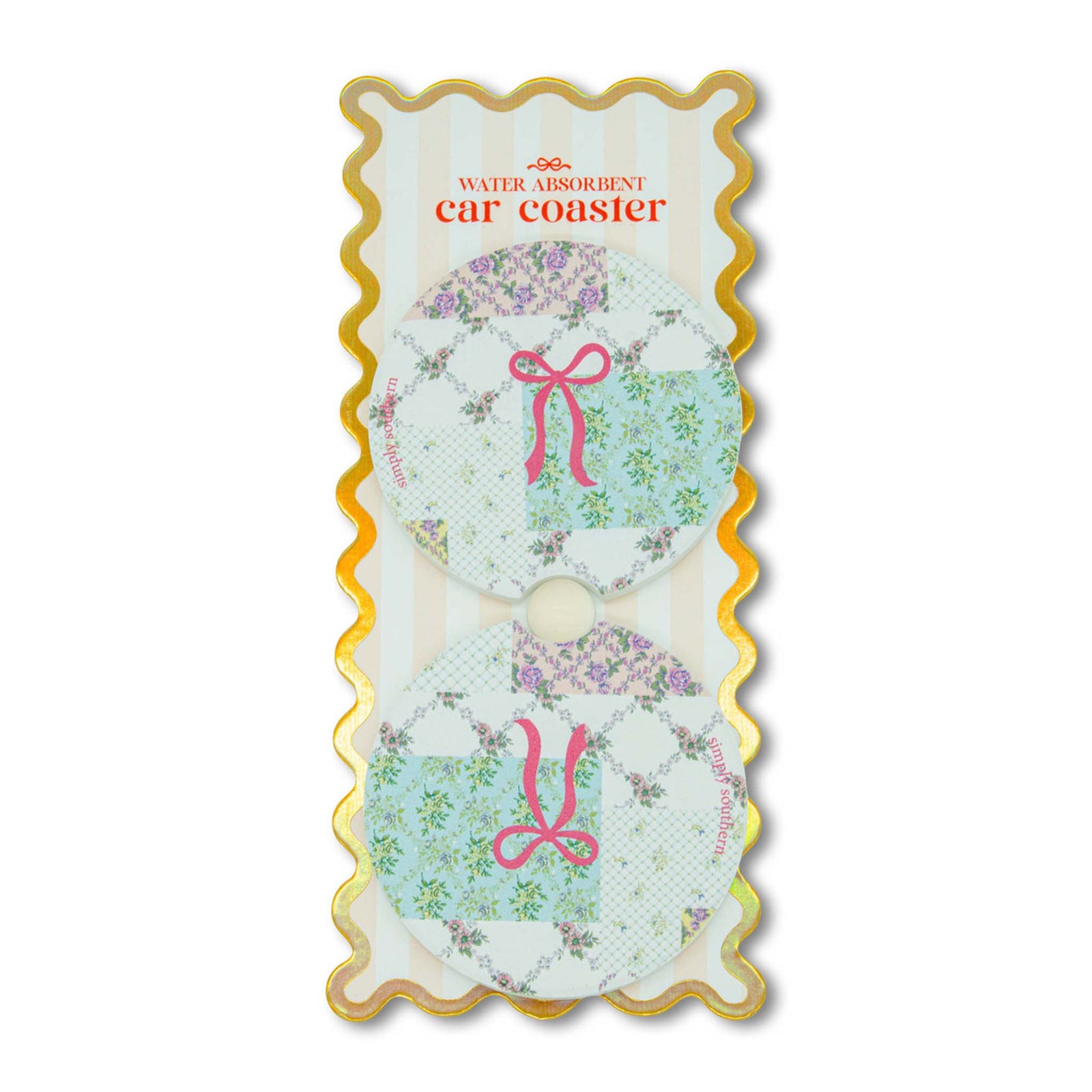 Simply southern patchwork 2 pack car coaster with floral design and a large pink bow in the middle. 