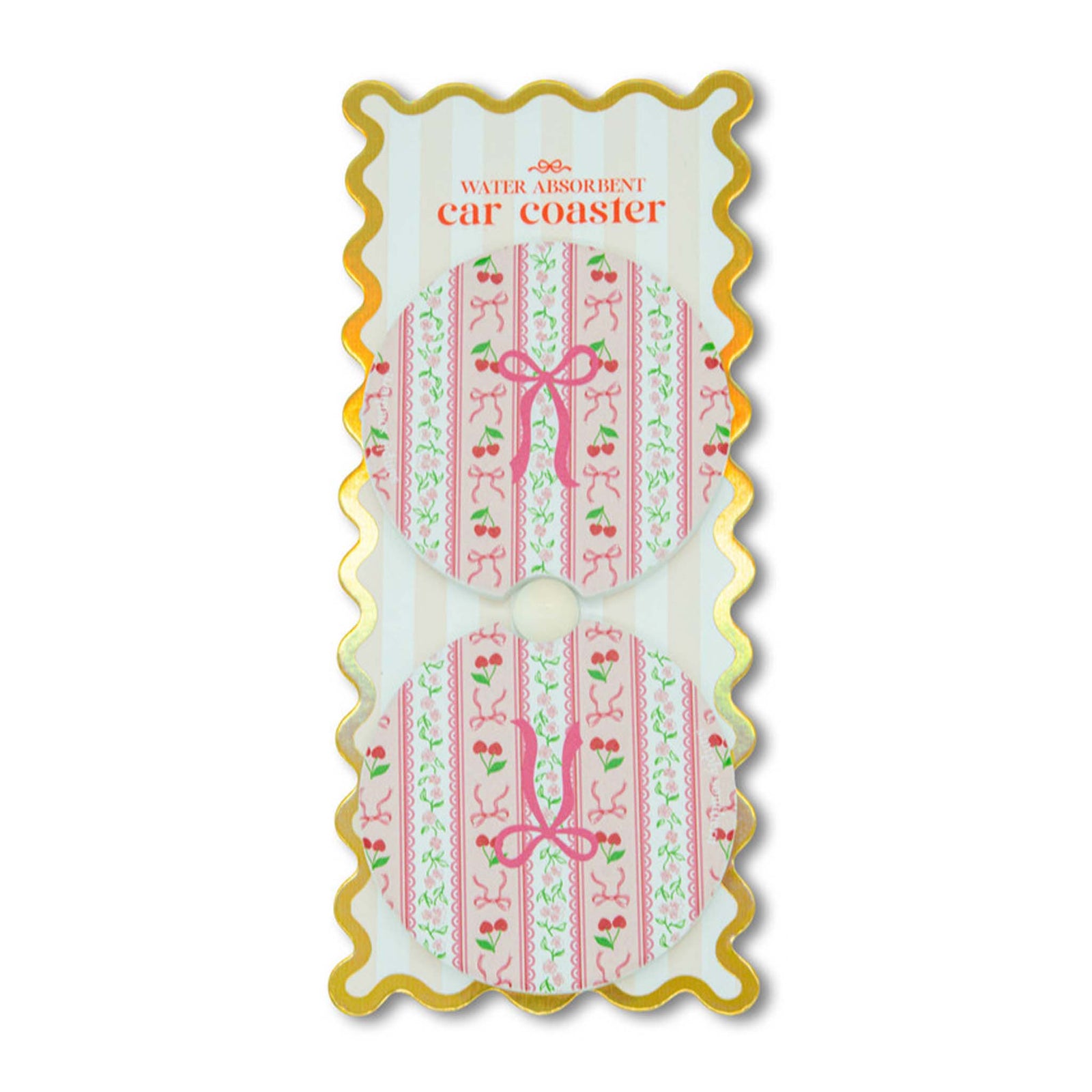 Decorative car coaster with pink design on a white background