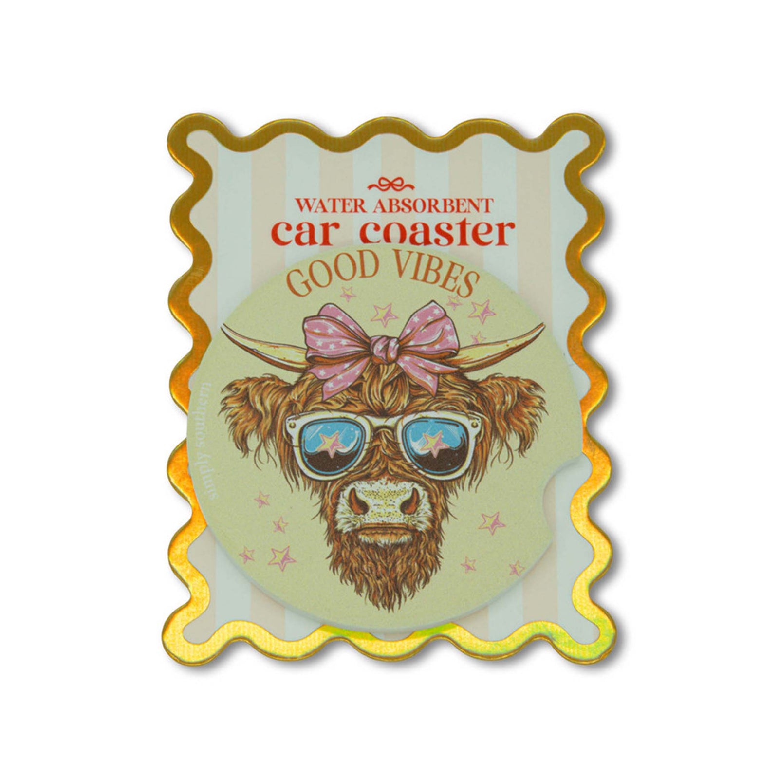 Car coaster with a cow illustration wearing sunglasses and a bow, labeled 'Good Vibes'.