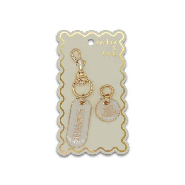Gold keychain and pet tag set on a decorative card with 'Keychain & Pet Tag' text.