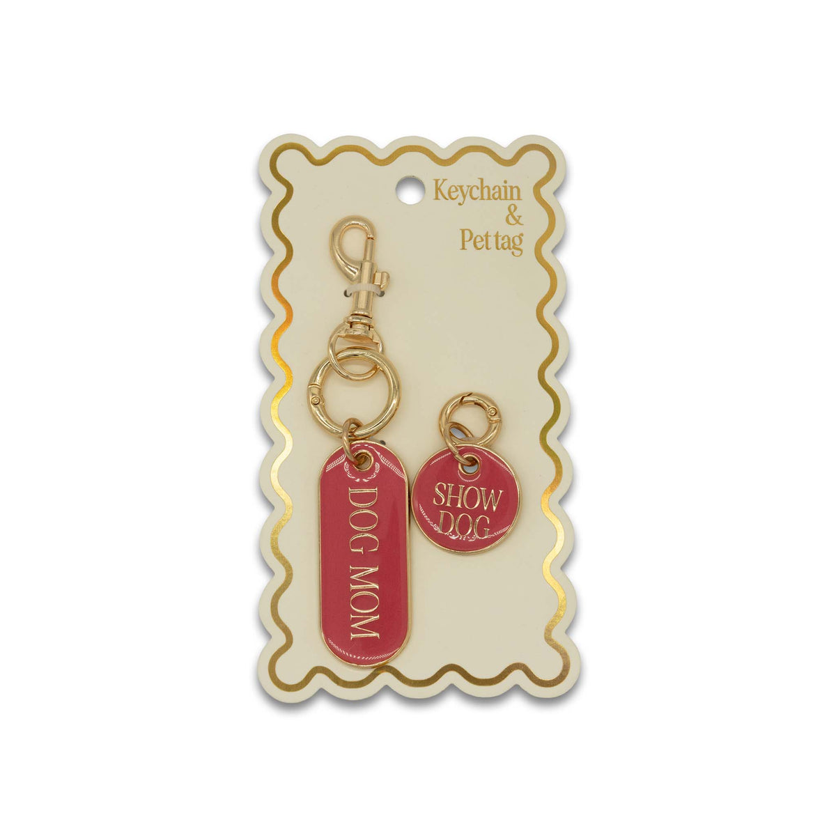 Keychain and pet tag set on a decorative card with 'Dog Mom' and 'Show Dog' tags.