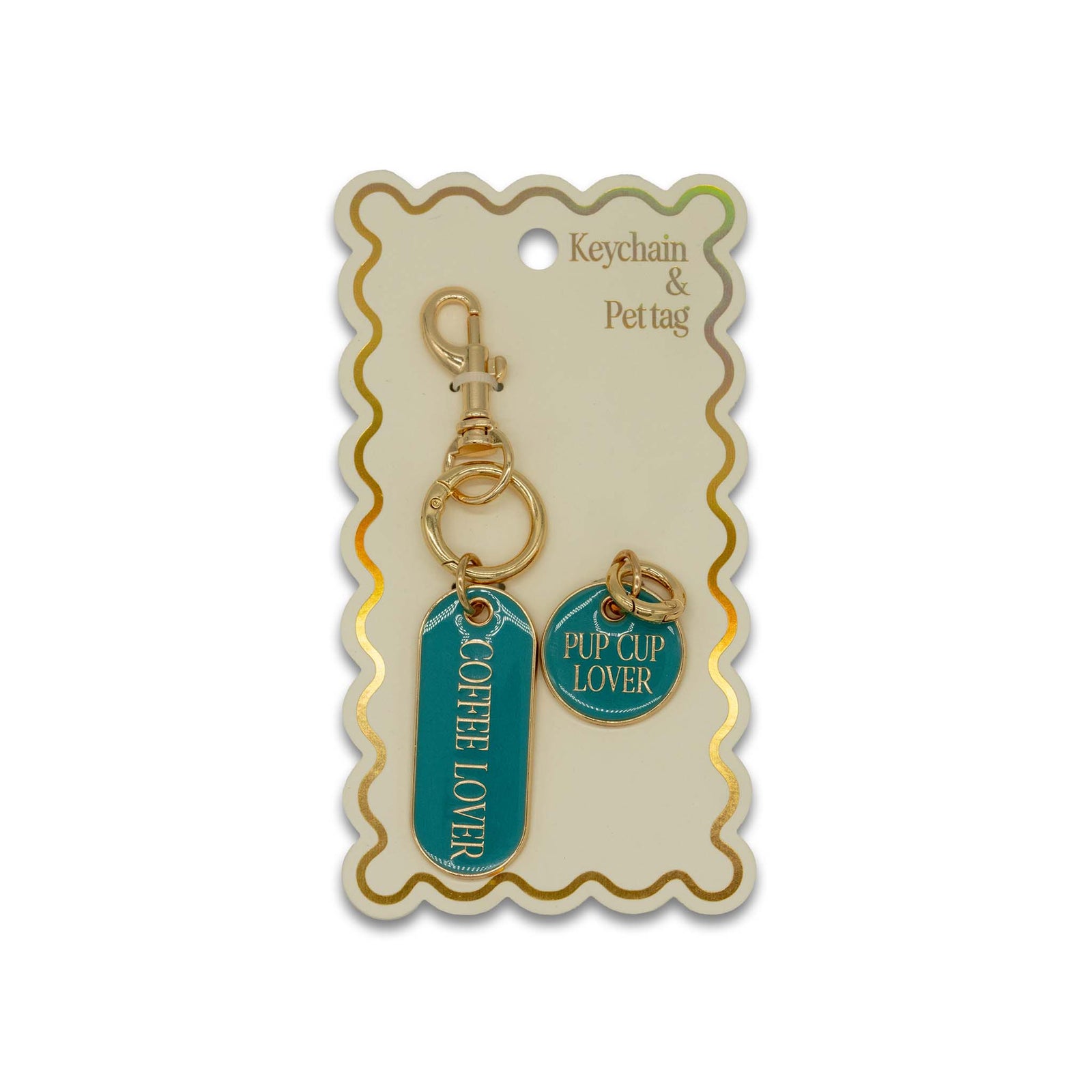 Keychain and pet tag set on a decorative card with 'Coffee Lover' and 'Pup Cup Lover' text.